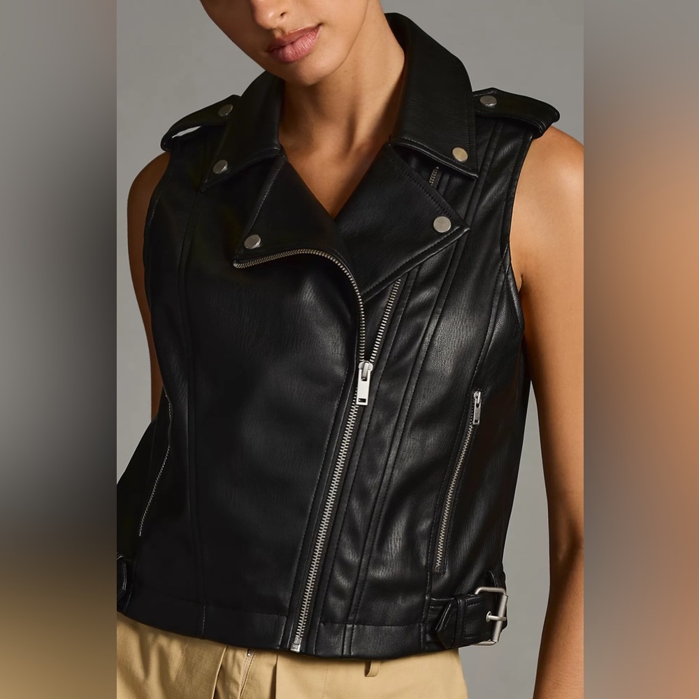 By Anthropologie Cropped Faux-Leather‎ Sleeveless Moto Jacket Size M